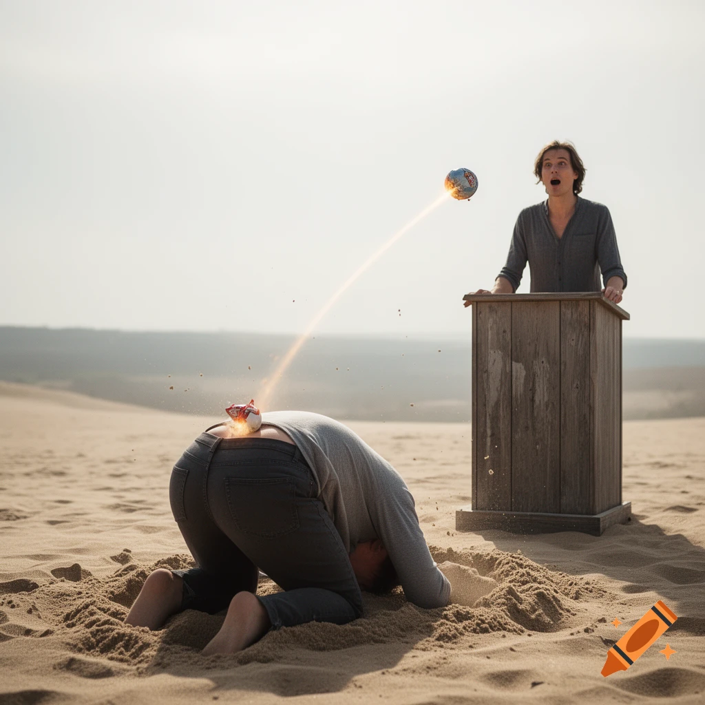 A person with their head in the sand shoots a small glowing projectile from their rear toward a man standing at a podium in a desert, photorealistic.