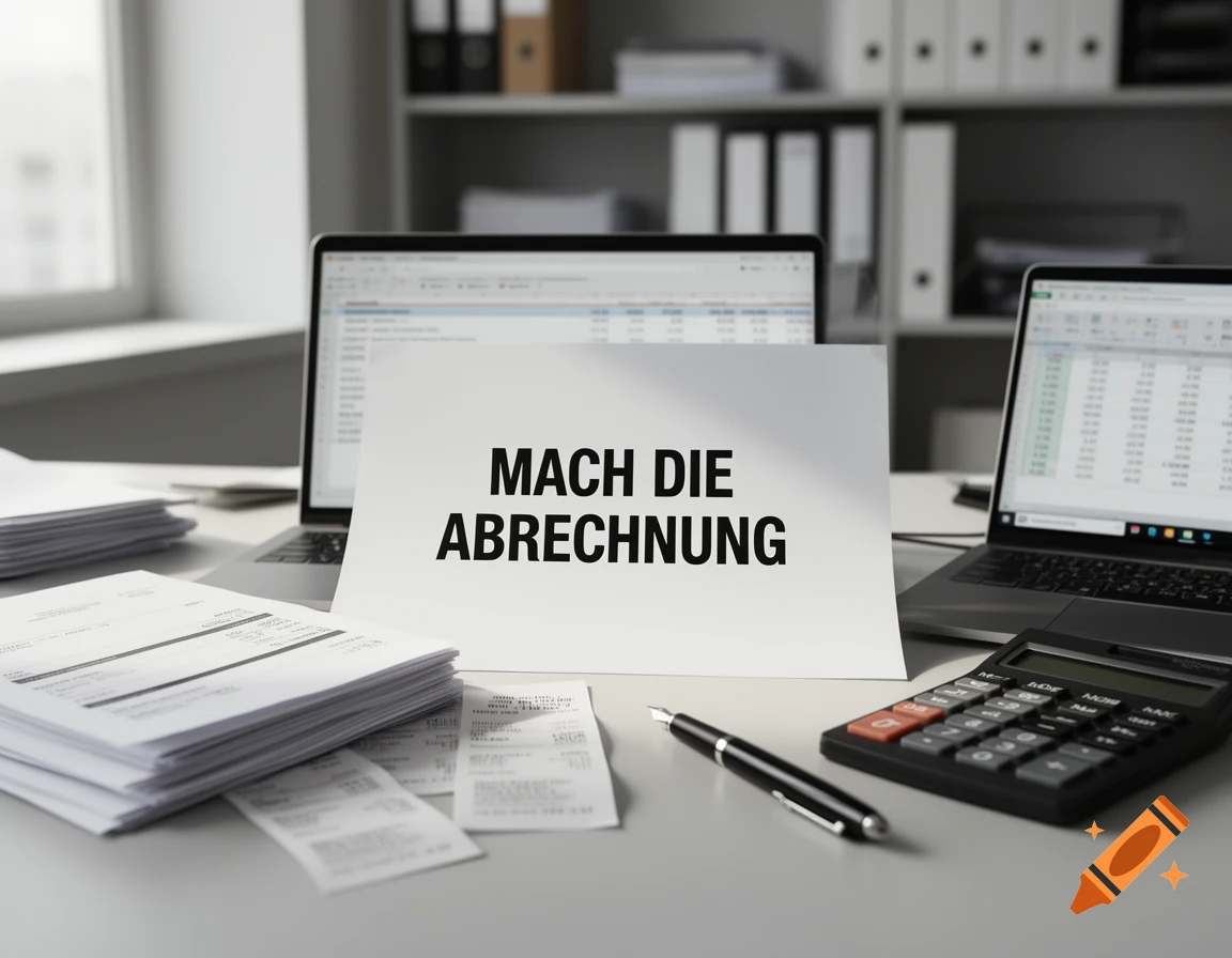 Photorealistic image of an office desk with a paper reading 'MACH DIE ABRECHNUNG', laptops, documents, receipts, and a calculator.