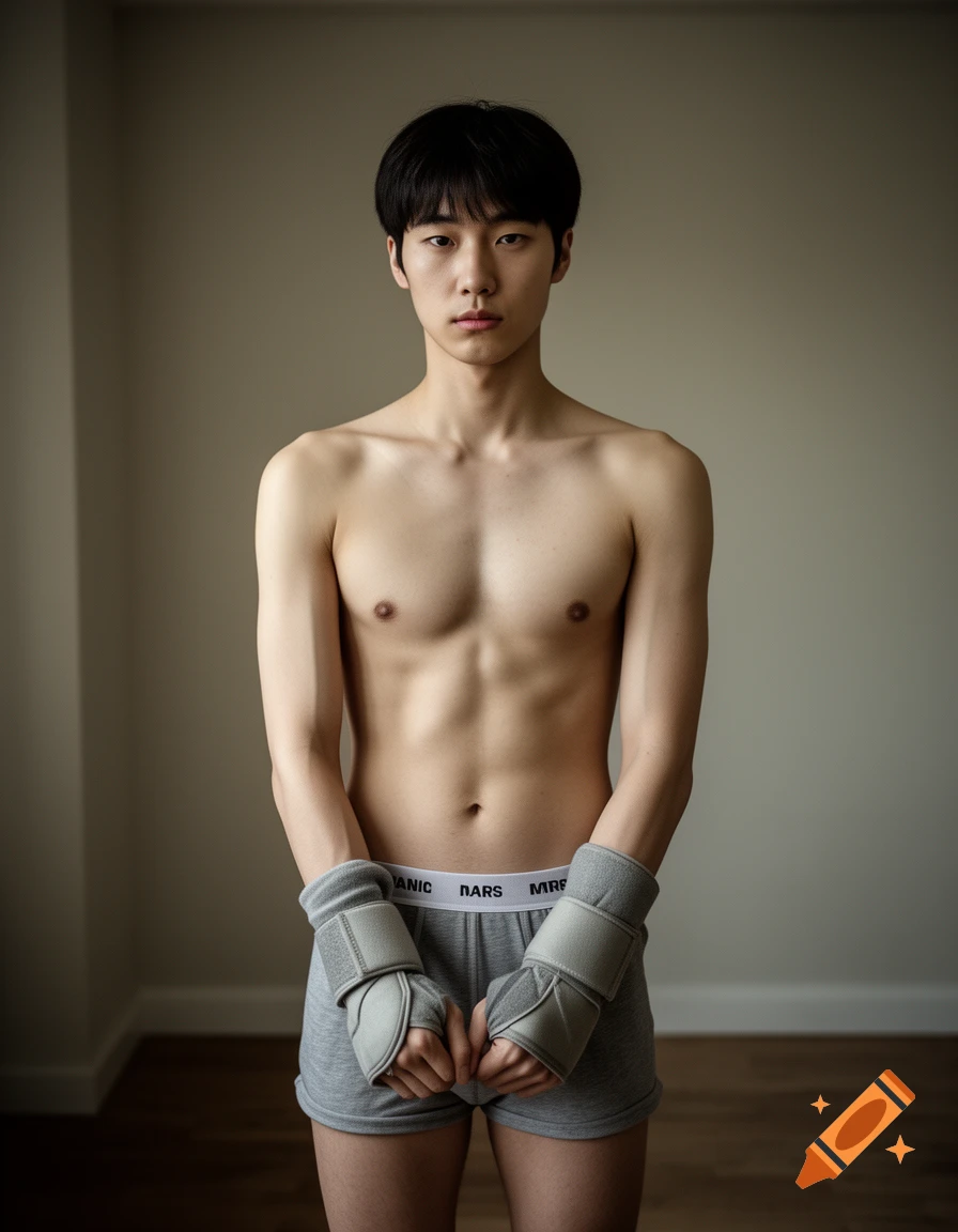 Photorealistic portrait of a young shirtless Asian man wearing grey boxer shorts and hand wraps, standing in a room.