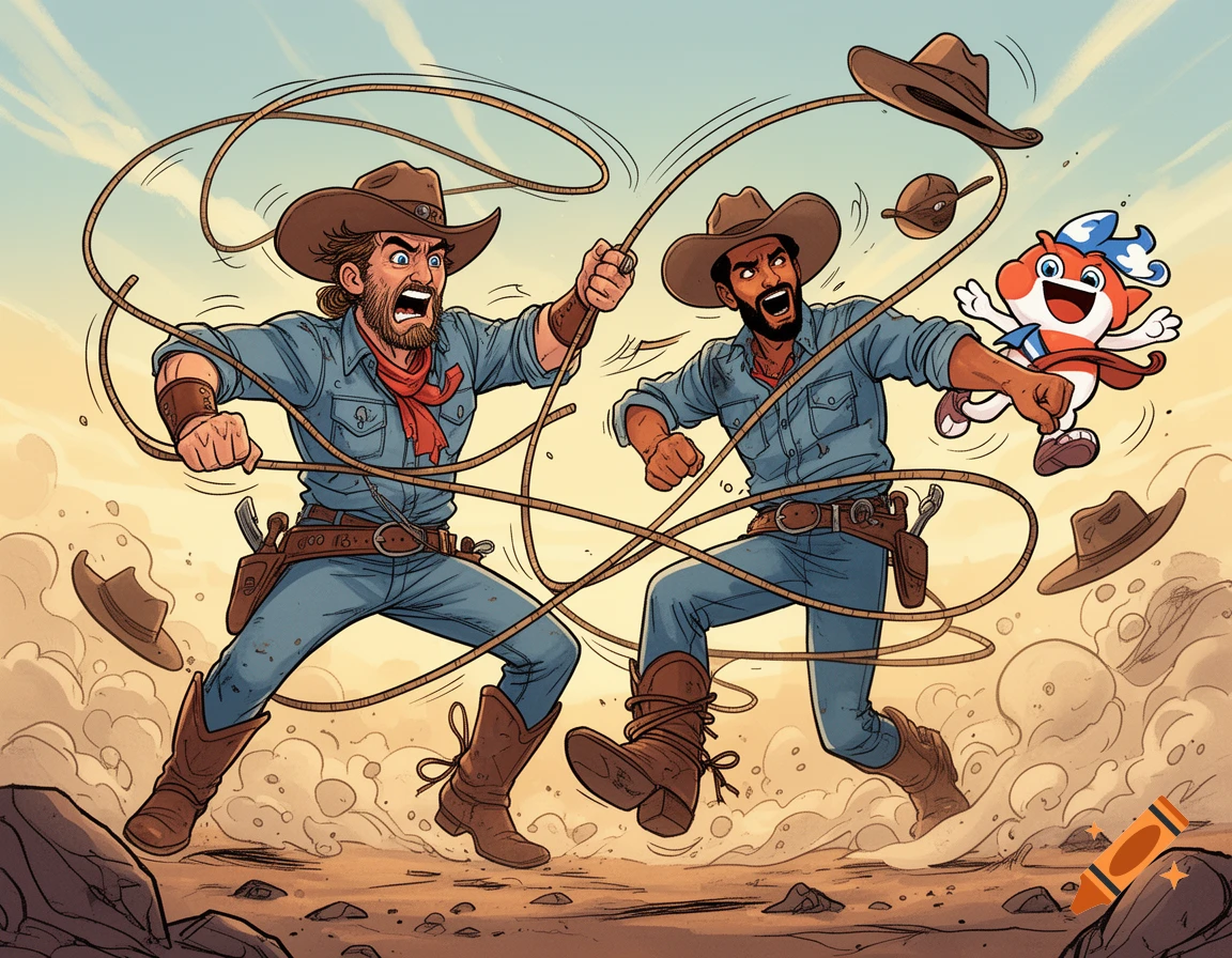 Comic-style illustration of two muscular cowboys trying to catch a flying fox mascot with lassos in a desert setting.
