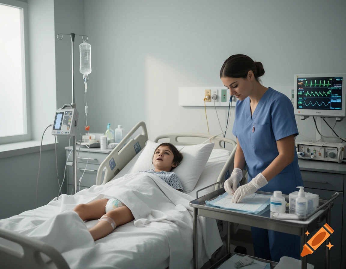 Photorealistic scene of a nurse in blue scrubs preparing to change a young child's diaper in a hospital room with medical monitors and an IV pole.