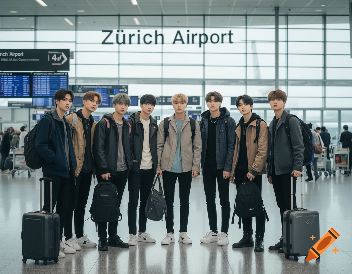 Photorealistic image of eight young men with luggage posing together inside a modern airport terminal under a Zurich Airport sign.