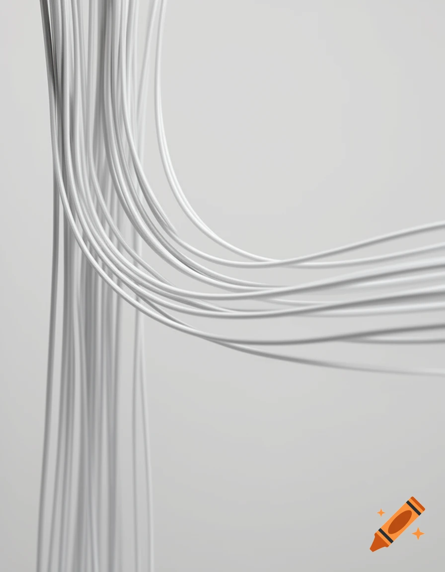 Minimalist 3D render of smooth white curved lines flowing together on a light grey background.