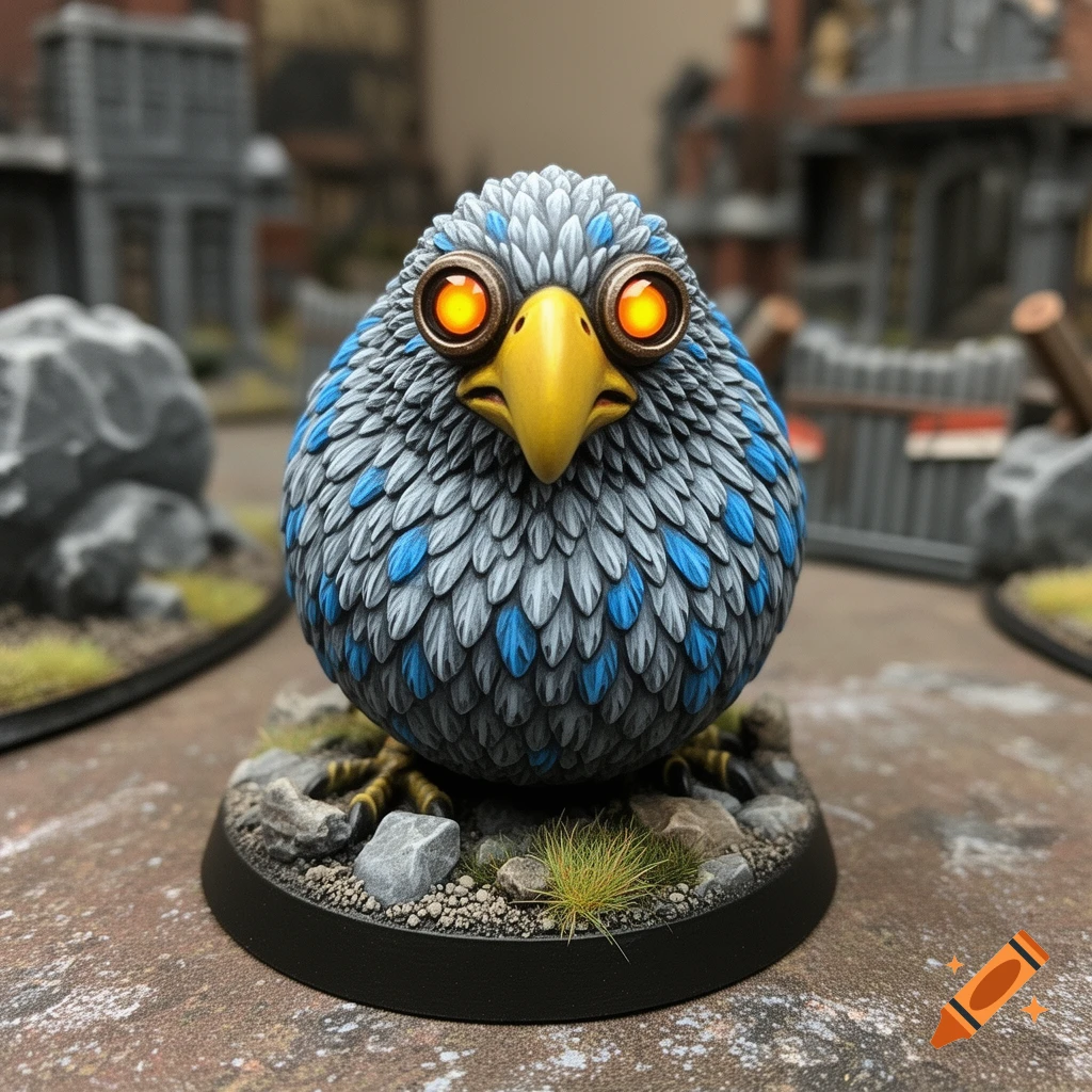 Close-up photo of a round, blue-feathered bird monster miniature with glowing orange eyes, standing on a gaming base.