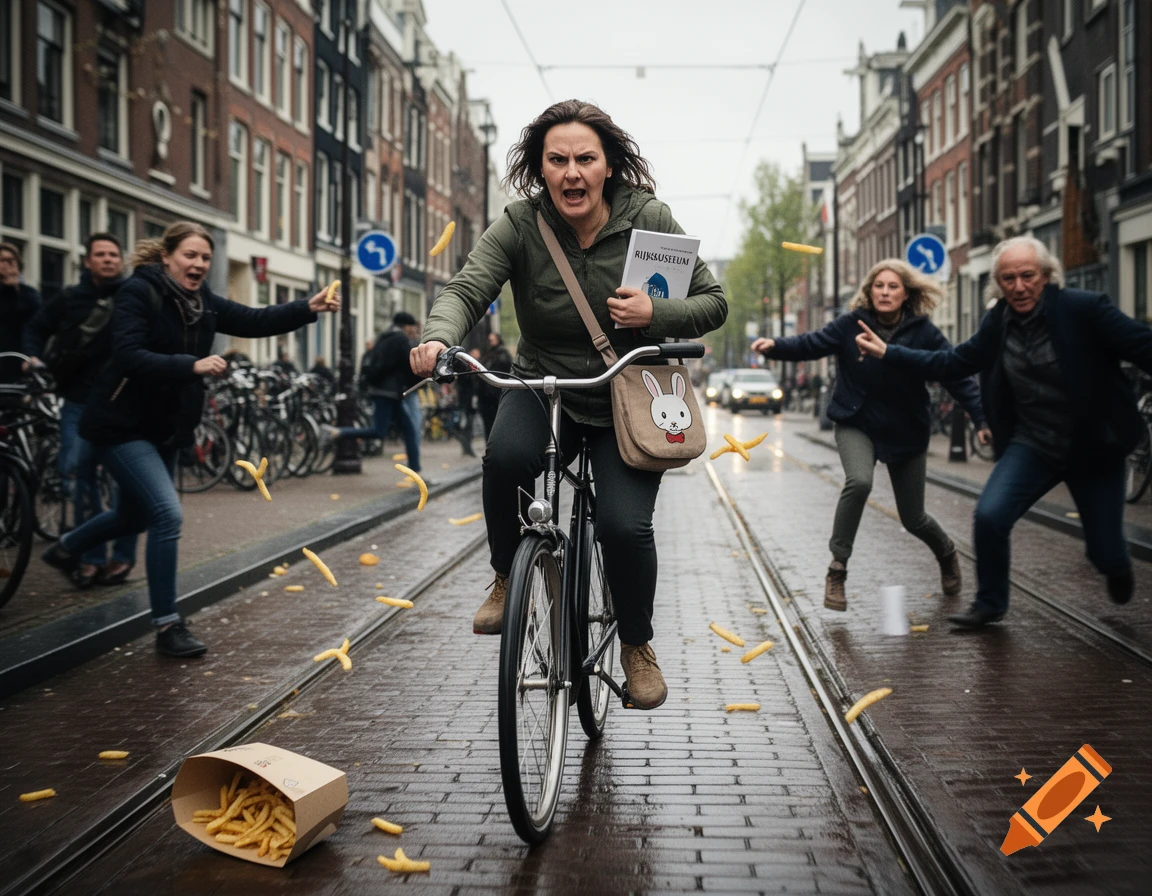 An aggressive woman rides a bicycle through an Amsterdam street, scattering french fries as pedestrians dodge out of her way. Photorealistic style.