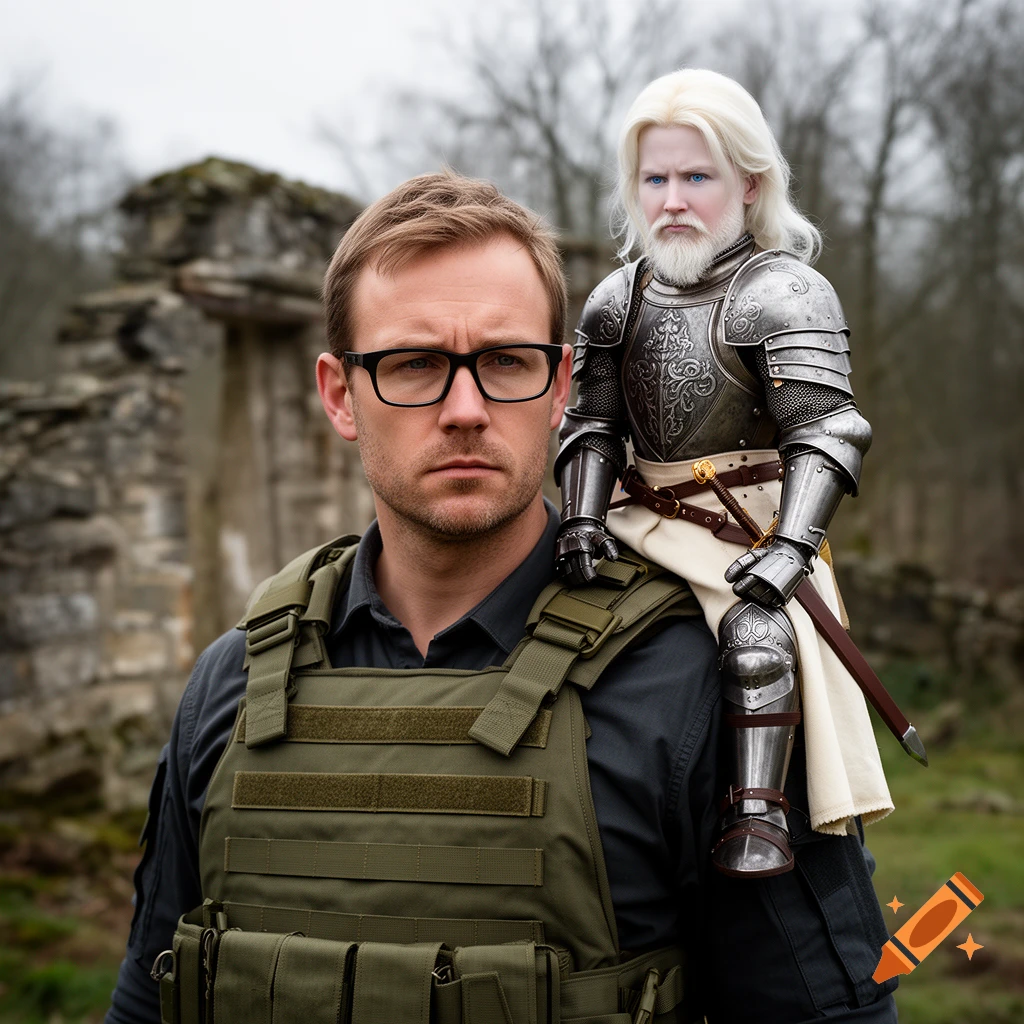 Photorealistic portrait of a man in a tactical vest with a miniature paladin knight in ornate armor sitting on his shoulder, outdoors.