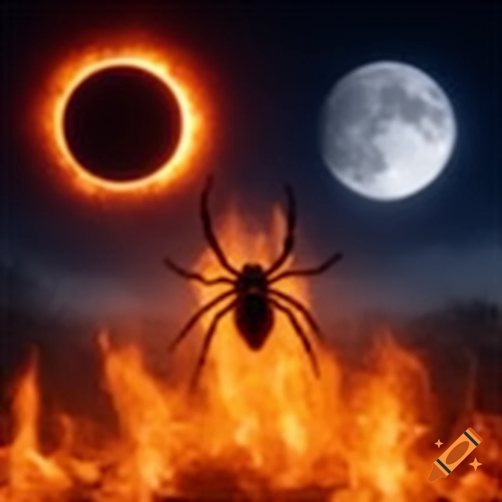 A black spider centered in roaring fire beneath a solar eclipse and a full moon in a dark sky.