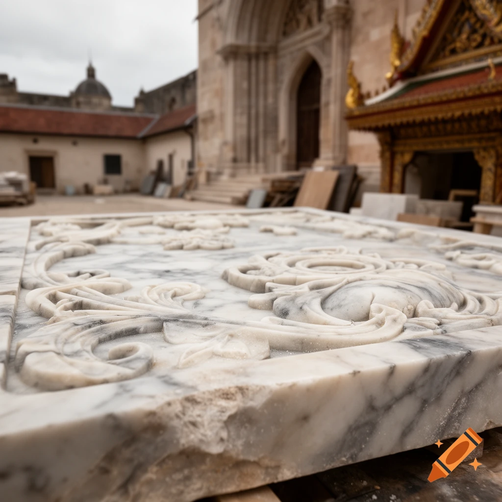 Close-up of a carved marble slab with floral patterns in front of a European-style cathedral courtyard. Photorealistic.