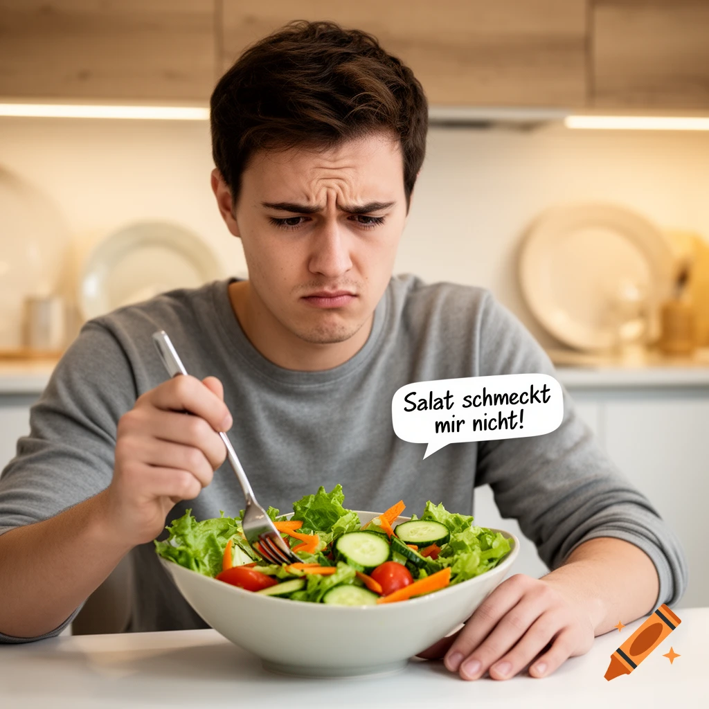 A young man with a disgruntled expression looks down at a bowl of salad with a speech bubble that says Salat schmeckt mir nicht!