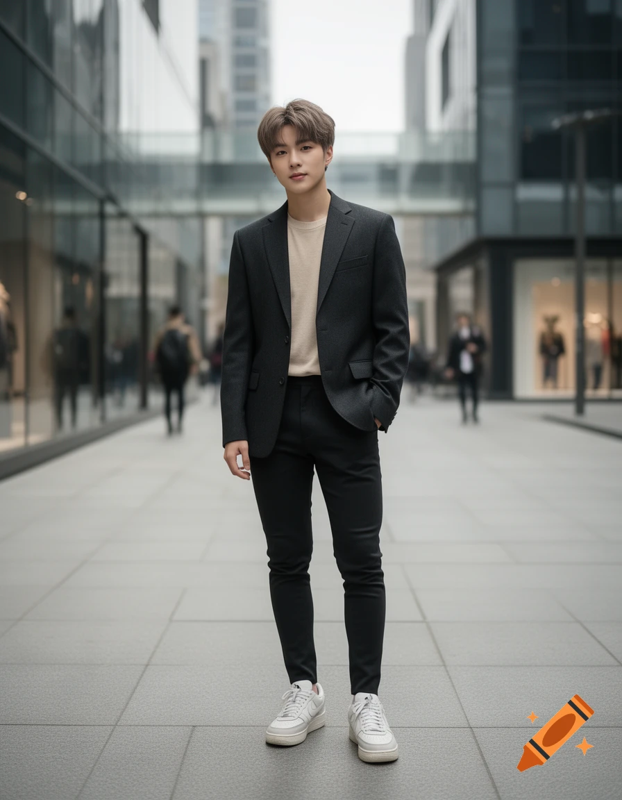 Photorealistic full-body portrait of a young man wearing a dark blazer, sweater, and black pants, standing in an urban pedestrian area.