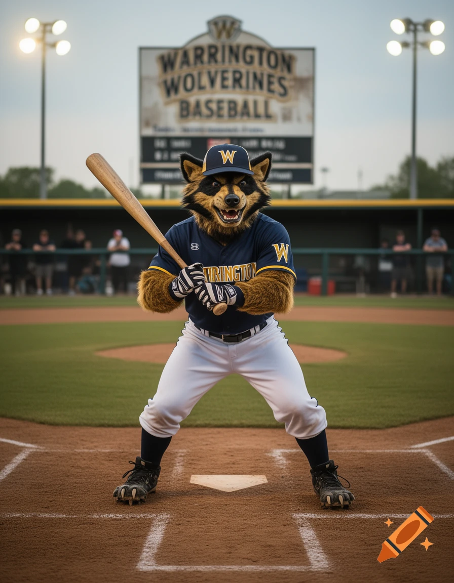 A photorealistic image of a wolverine mascot in a baseball uniform holding a bat at home plate on a baseball field.