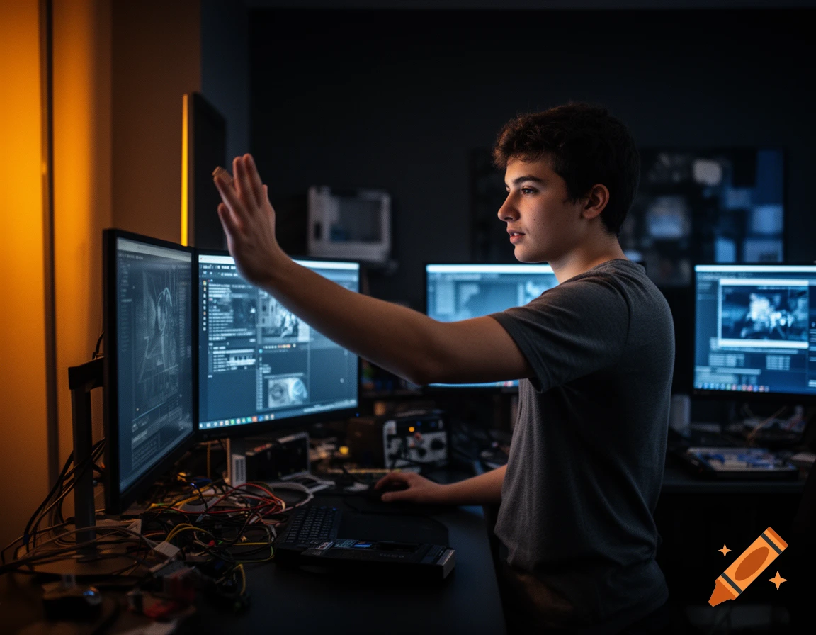 Young man standing in a dark room filled with computer monitors and cables, holding his hand up towards a warm light source. Photorealistic.