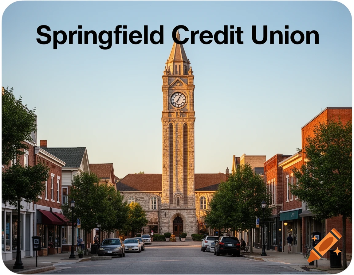 Photorealistic street view of a small town with a central stone clock tower and buildings, under a clear sky.
