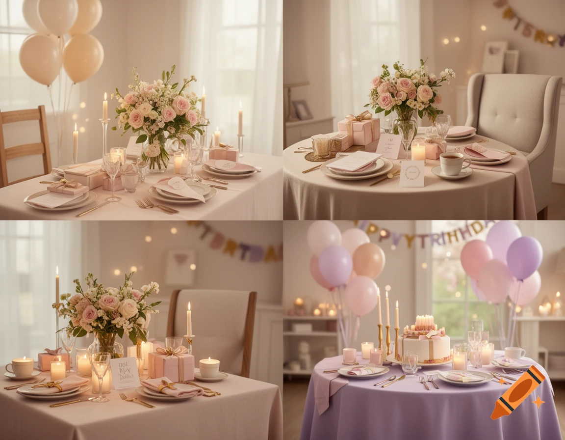 Collage of four photorealistic images showing elegantly decorated tables and chairs for a birthday celebration with flowers, balloons, and cakes.