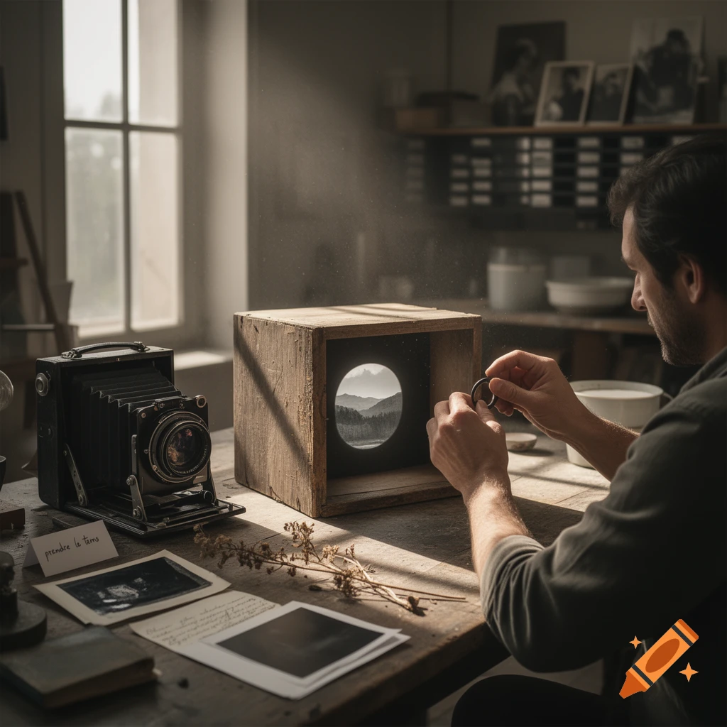 Photorealistic scene of a man in a workshop looking at a camera obscura projection of a mountain landscape on a wooden table.