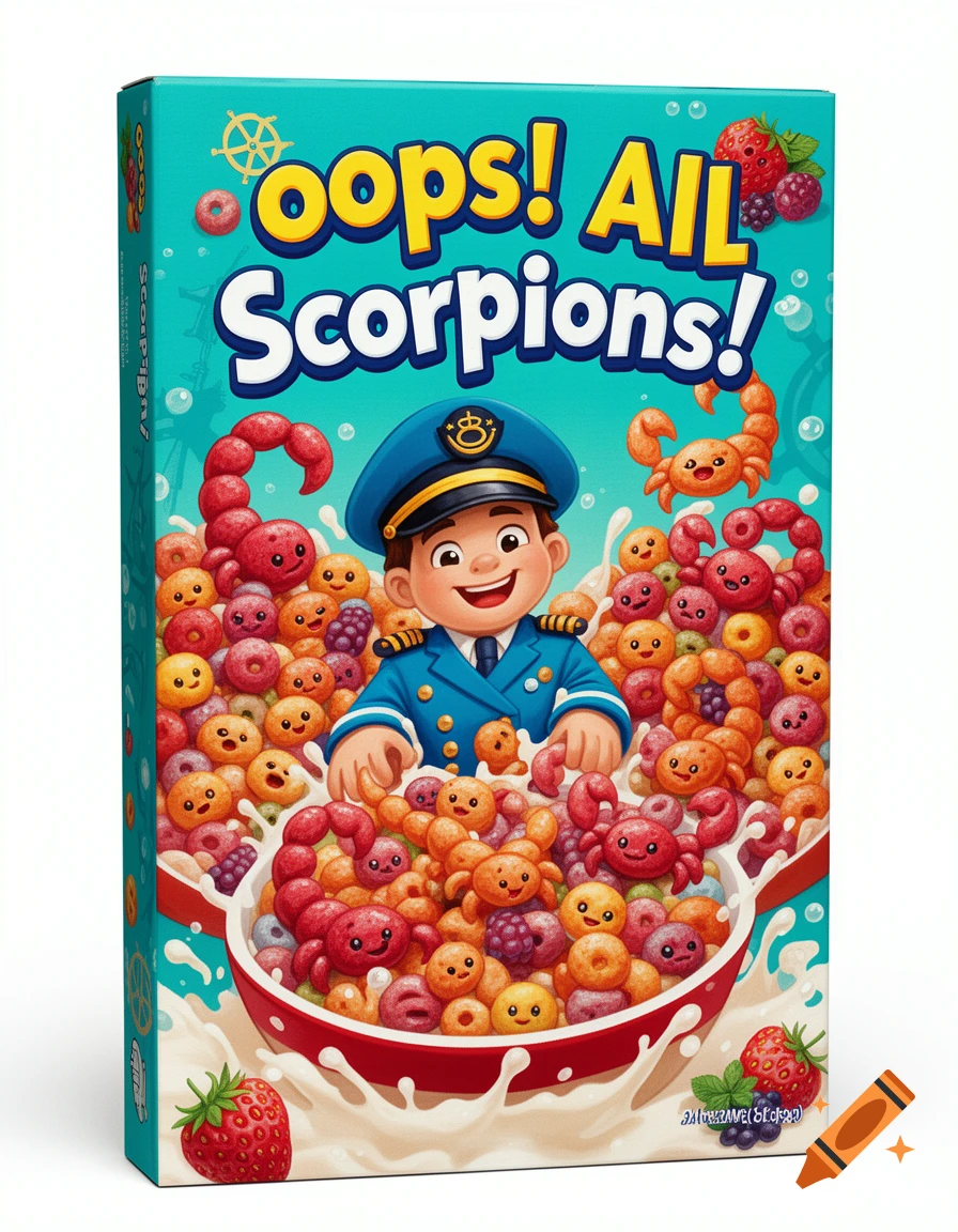 Cereal box parody titled 'Oops! All Scorpions!' featuring a cartoon ship captain and cute scorpion-shaped cereal.