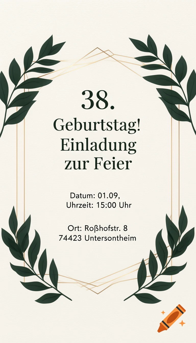 Digital birthday invitation card layout for a 38th birthday with gold geometric lines and dark green leaves on an off-white background.