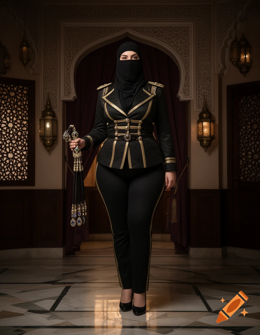 Photorealistic image of a tall woman wearing a black niqab and military uniform in an Arabic palace, holding a jeweled whip.