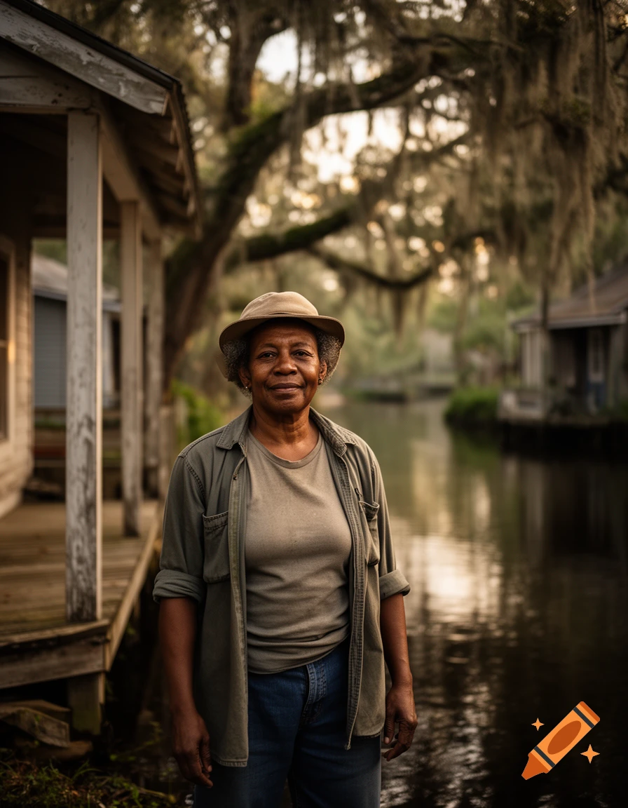 Photorealistic portrait of an older person wearing a hat and jacket, standing near a bayou and rustic houses.