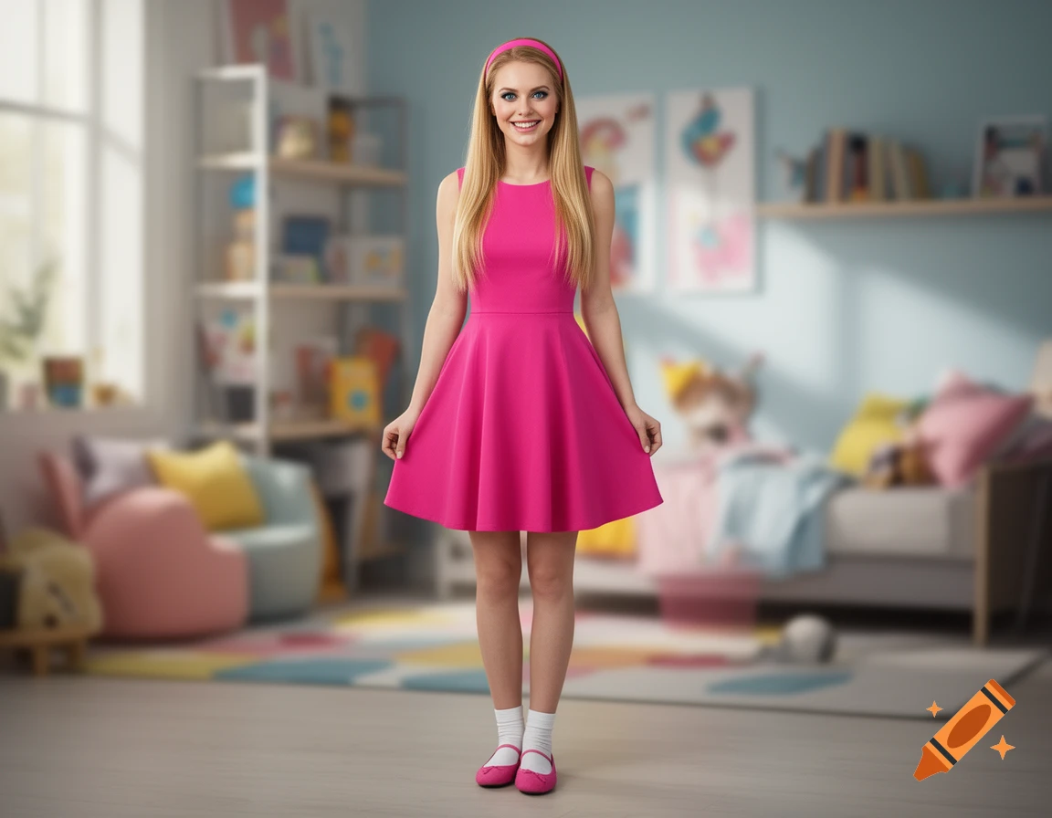 A full-length photorealistic portrait of a woman dressed as Dee Dee from Dexter's Laboratory in a pink dress and headband, standing in a brightly lit child's bedroom.