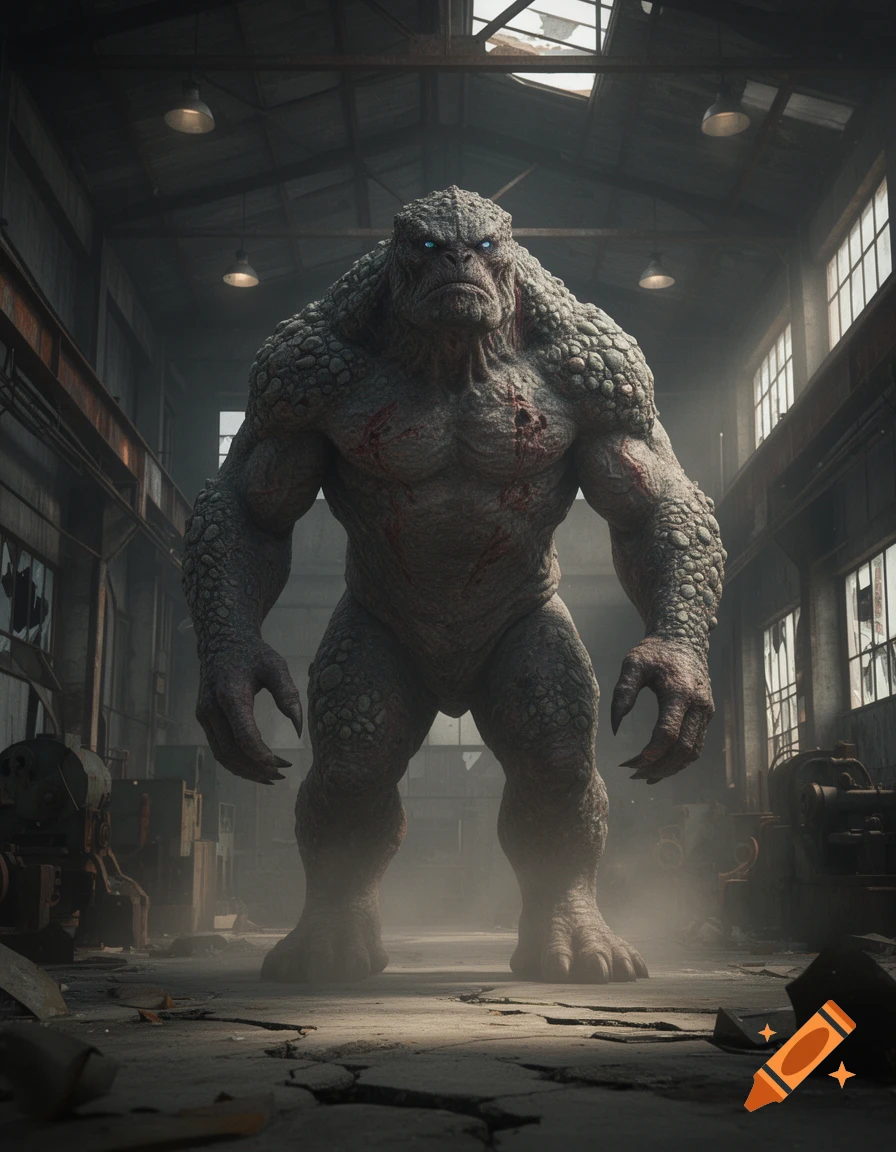 A large, muscular, rocky monster with glowing blue eyes standing in the center of a derelict, industrial warehouse, photorealistic.