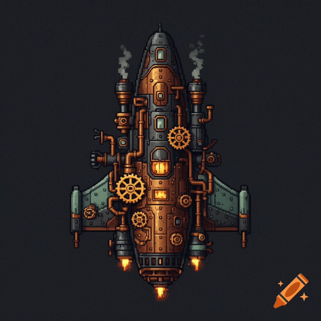 Top-down pixel art of a steampunk spaceship with copper and metal details, pipes, gears, and smoking exhausts against a dark background.