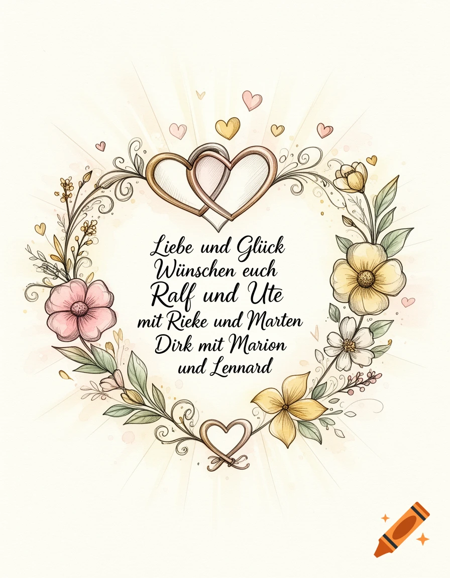 Sketch-style floral wreath surrounding heartfelt German text and intertwined hearts on cream background.