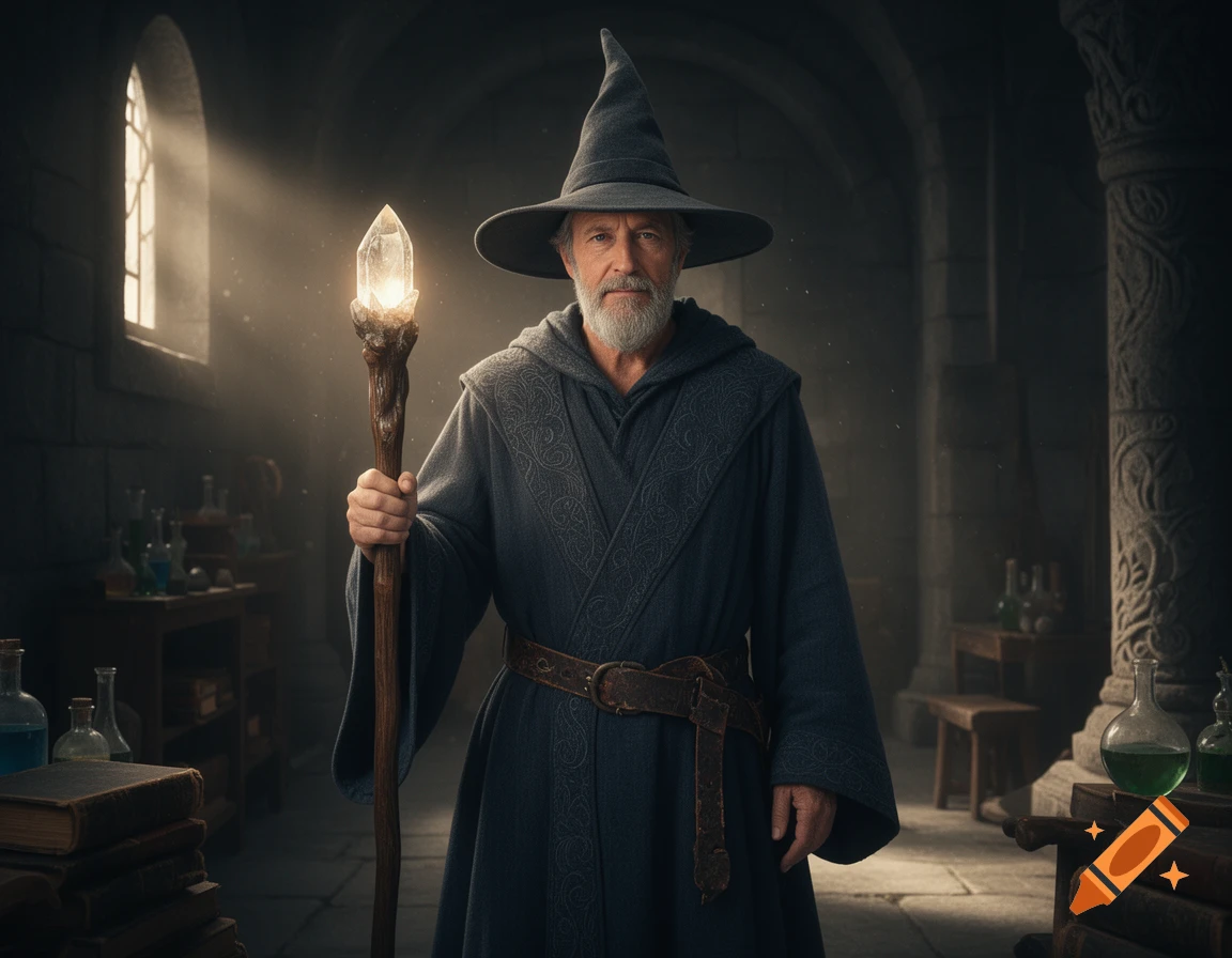 Photorealistic portrait of an elderly male wizard wearing a grey robe and pointed hat, holding a glowing crystal staff in a stone chamber.