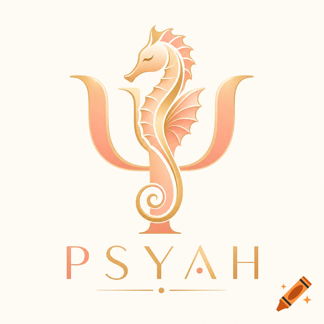 A sophisticated logo featuring a seahorse integrated into a psi symbol, above the text PSYAH, in salmon and gold tones.