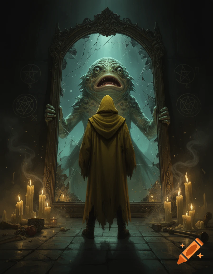 A robed figure in a yellow cloak stands before a tall, cracked mirror revealing a monstrous fish-like creature inside a dark stone room.