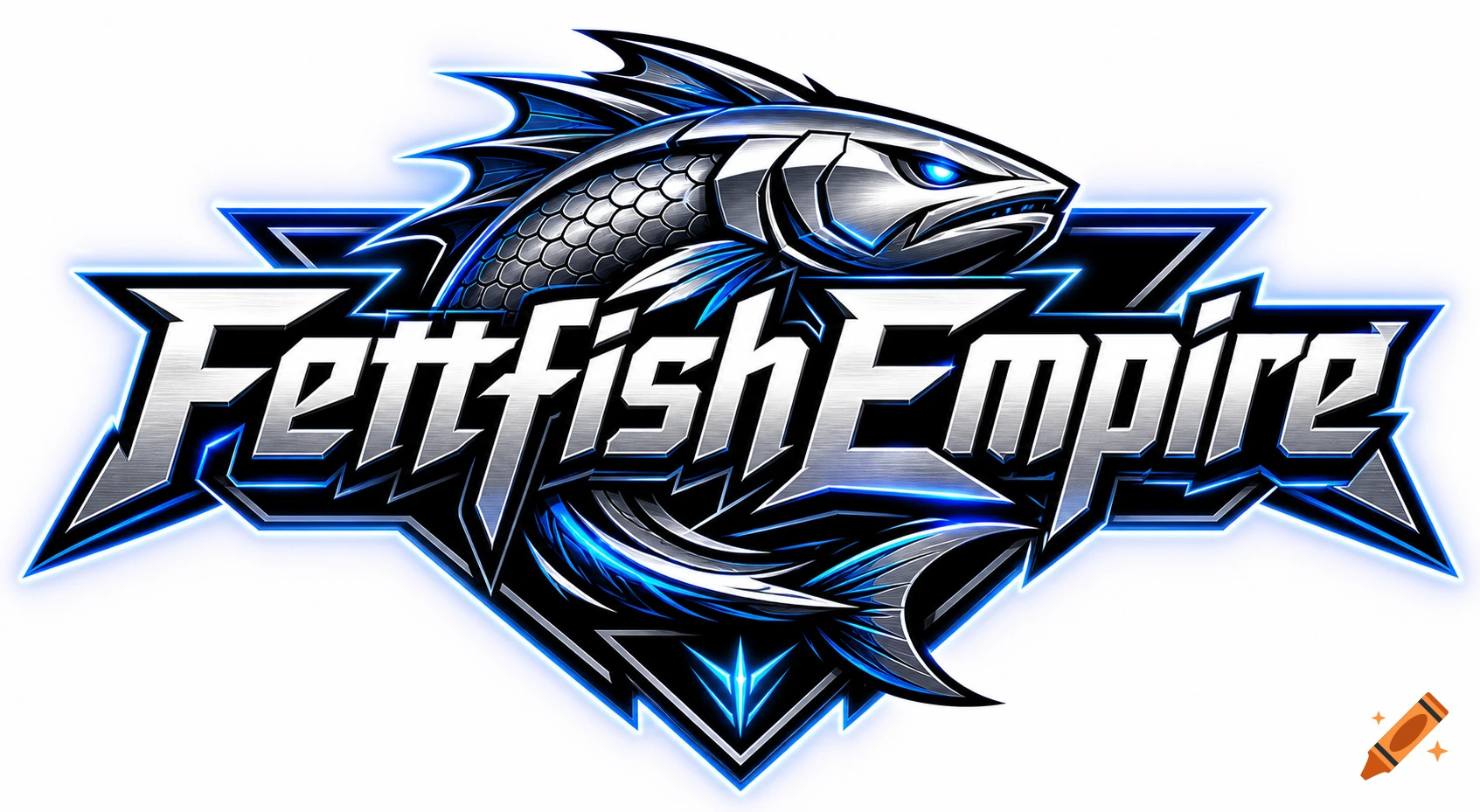 Logo of a mechanical silver and blue fish with text FettFishEmpire in front of a blue glowing triangle.