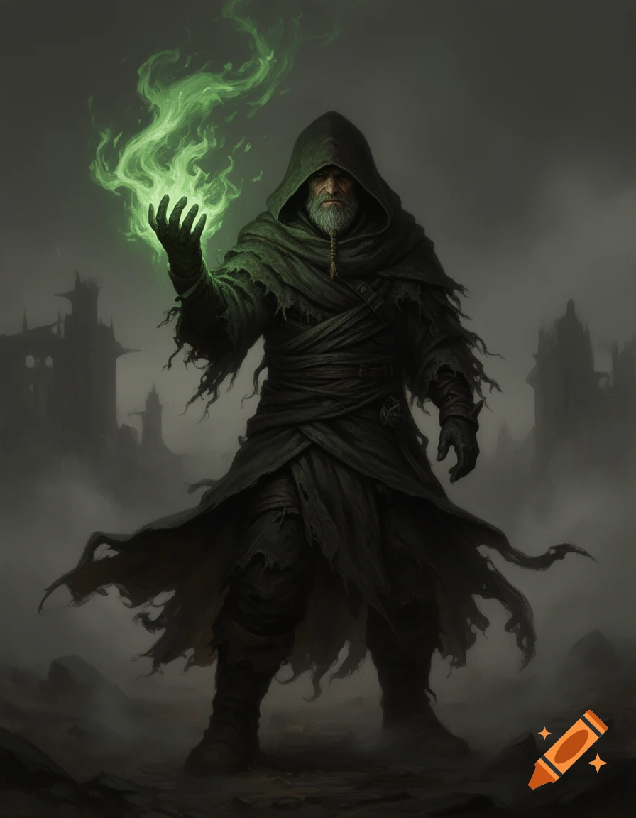 Digital painting of a grim male warlock in a dark hooded cloak holding a glowing green flame.