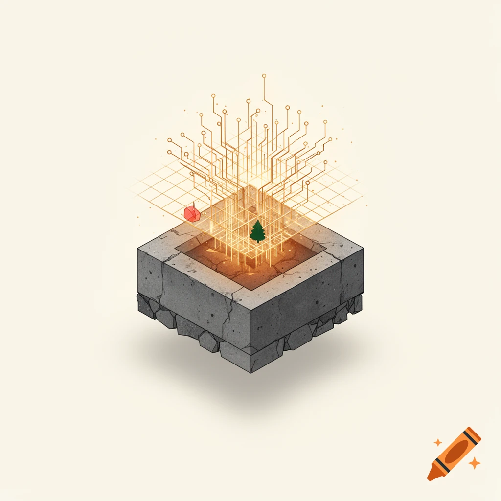 Isometric editorial illustration of a concrete foundation block merging into a glowing digital circuit grid with a tiny tree and house.