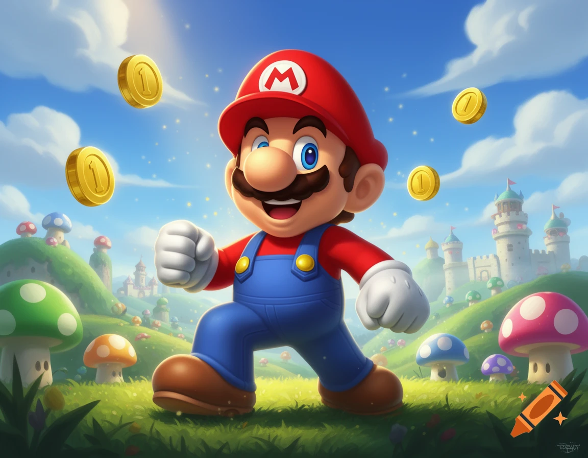 Digital art of Mario in a colorful Mushroom Kingdom setting with floating coins and giant mushrooms.