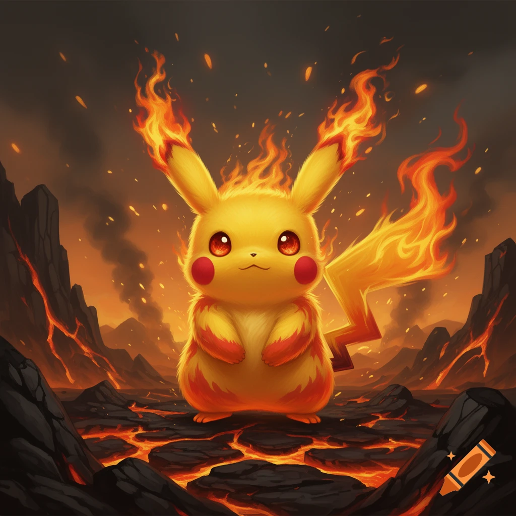 Digital illustration of a fire-type Pikachu with flames on its ears, tail, and body, standing on a volcanic landscape with lava.