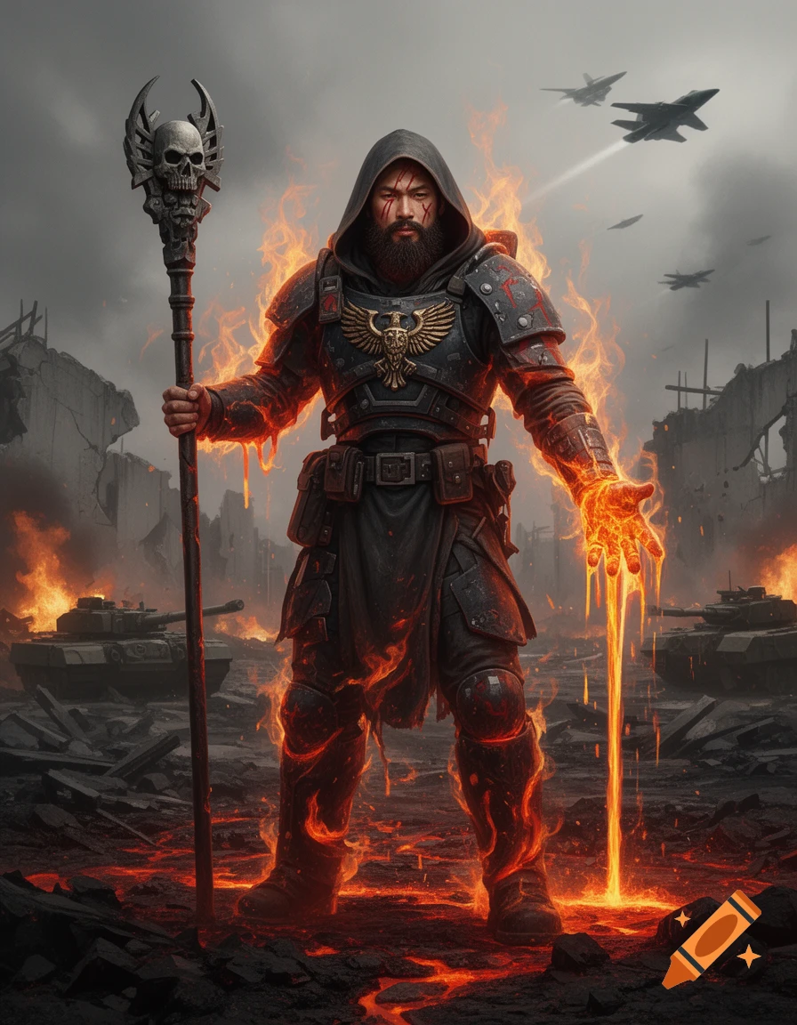 Realistic full-body portrait of a hooded psyker with scars and a beard, engulfed in flames and holding a staff and lava on a battlefield.