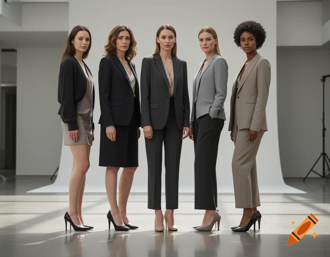 Photorealistic image of five diverse women standing in a modern studio setting, wearing professional business suits and high heels.