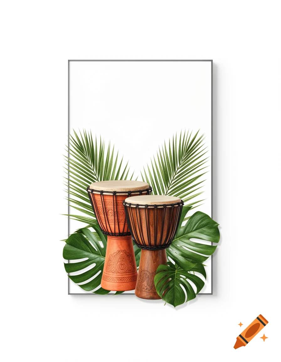 Two traditional wooden drums decorated with carved patterns, surrounded by palm and monstera leaves inside a rectangular frame on a white background.