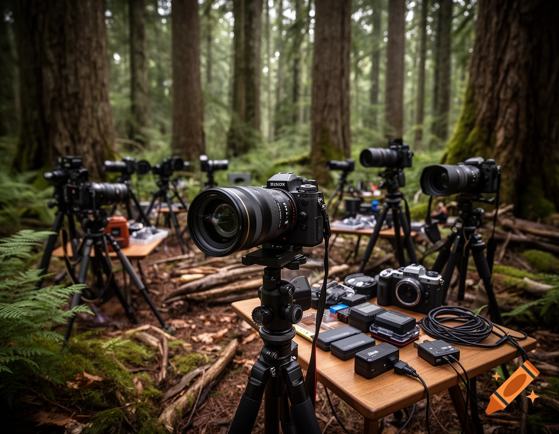 Photorealistic image of multiple professional cameras on tripods set up in a lush green forest with tall trees.