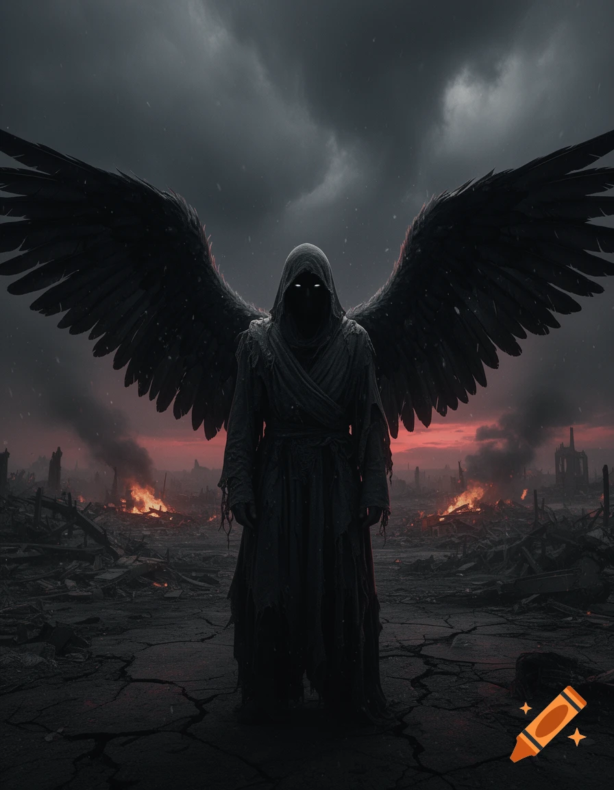 A dark cloaked angel with massive black feathered wings and glowing white eyes stands amidst a ruined, fiery apocalyptic landscape under a dark stormy sky.