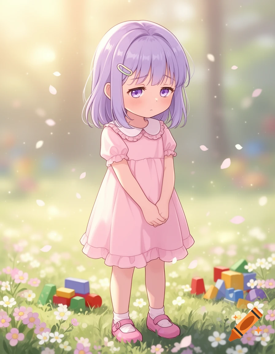 Anime illustration of a shy 6-year-old girl with light purple hair in a pink dress standing in a flower field.