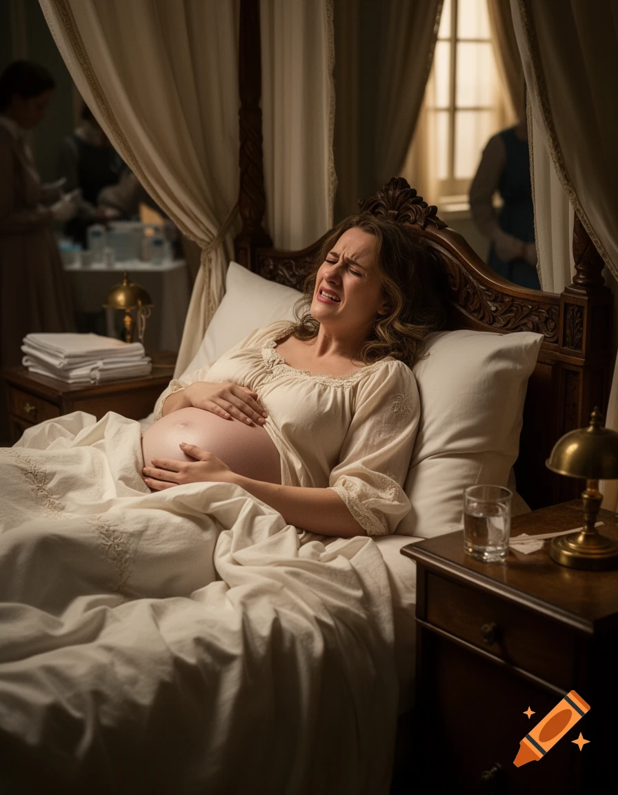 Photorealistic scene of a pregnant woman in a historical wooden bed experiencing labor pain, clutching her stomach.
