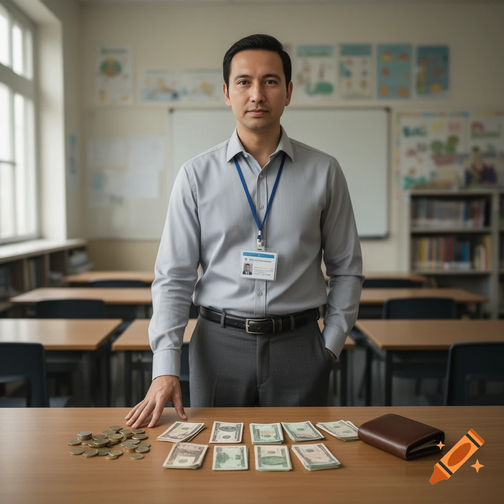 Photorealistic image of a male teacher standing behind a desk with piles of cash and coins in a classroom.
