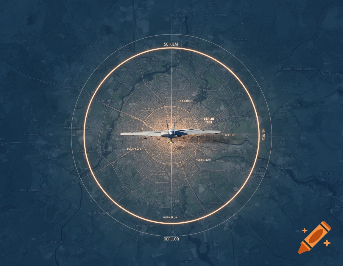 Aerial map of Berlin with an aircraft in the center surrounded by a glowing 50km radius circle, digital illustration style.