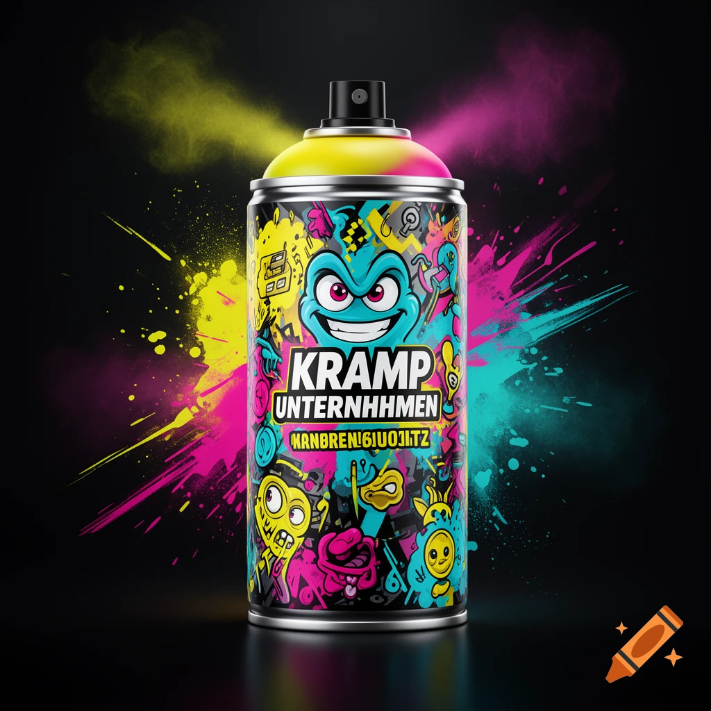 A stylized yellow and chrome spray paint can featuring colorful graffiti art and nonsensical text against a black background with powder splashes.