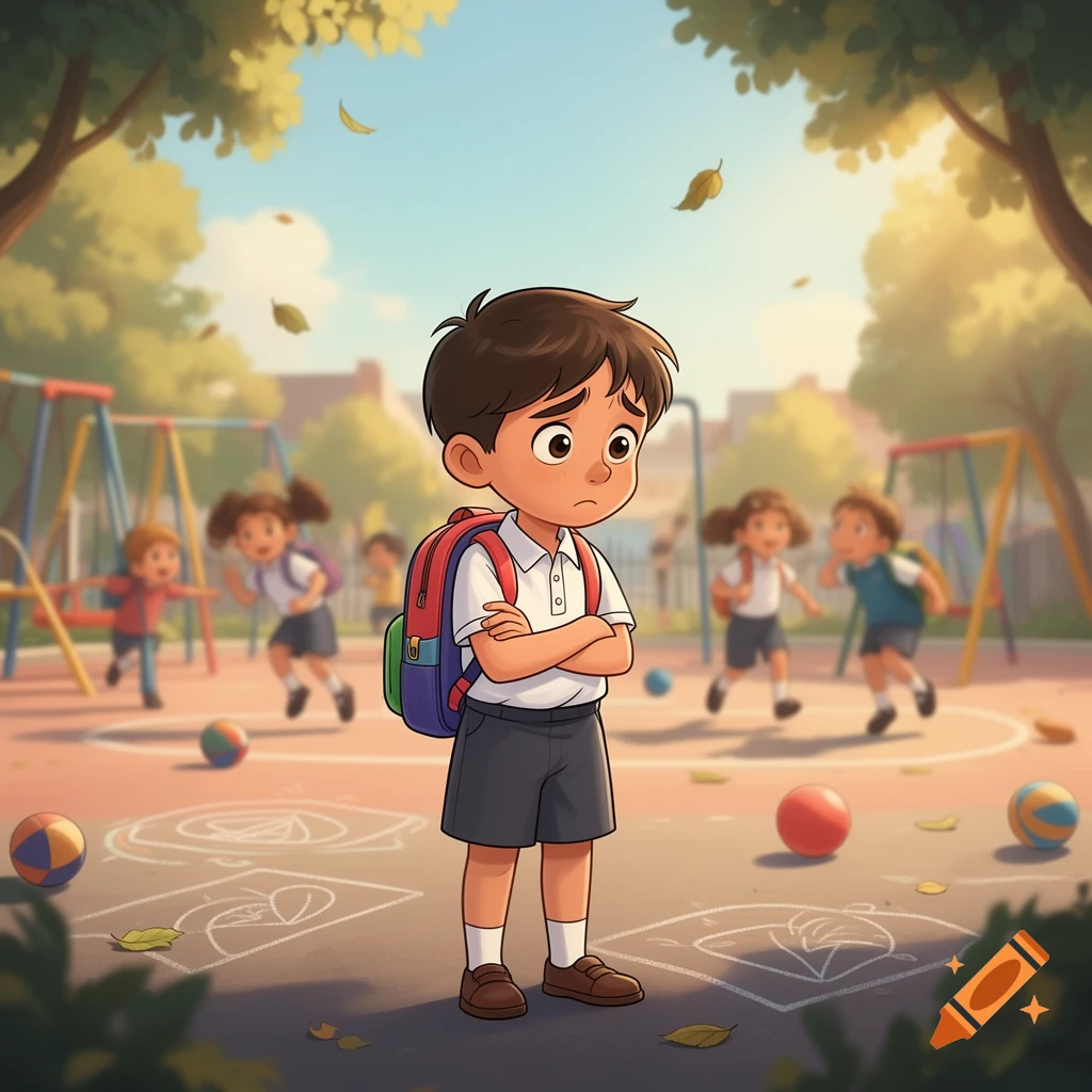 Cartoon illustration of a sad young boy with a backpack standing alone on a school playground while other children play.