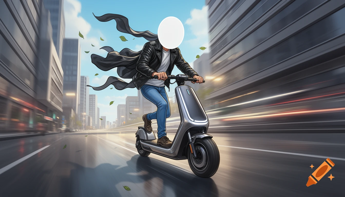 Cartoon illustration of a man with a white circular placeholder head riding an electric scooter down a city street at high speed.