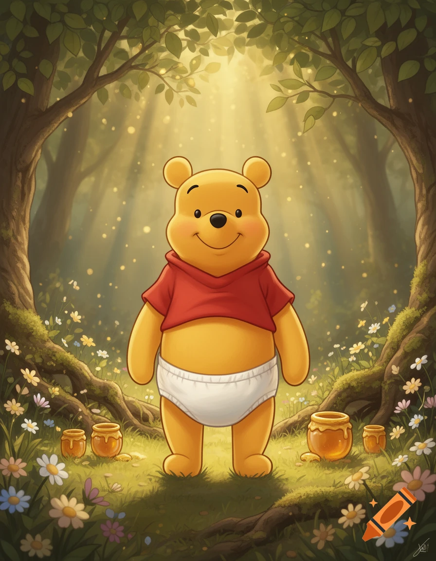 Winnie the Pooh wearing a red shirt and a diaper standing in a sunlit forest surrounded by honey pots and wildflowers, digital illustration style.