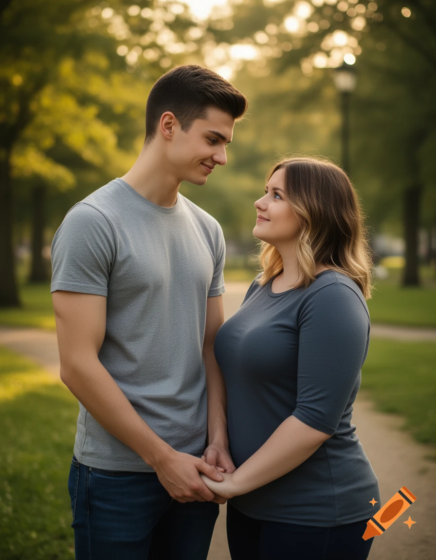 Photorealistic portrait of a young couple holding hands in a park at sunset.