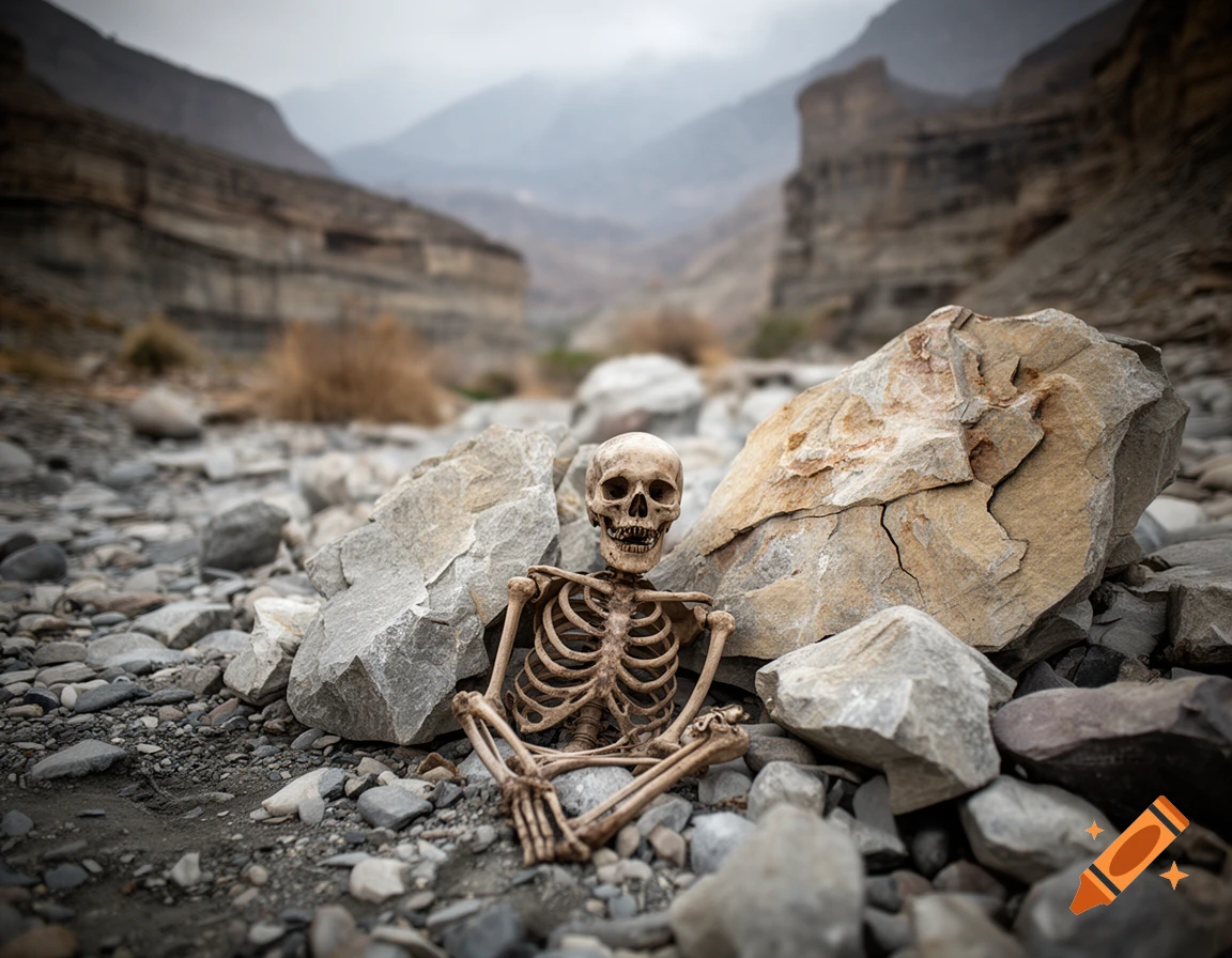 Photorealistic image of a human skeleton sitting amongst rocks in a dry, mountainous canyon landscape.